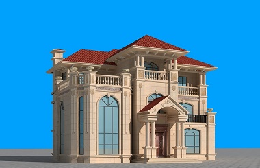 歐式三層復式自建別墅設計圖，帶有鳥瞰庭院效果圖，多個角度效果圖