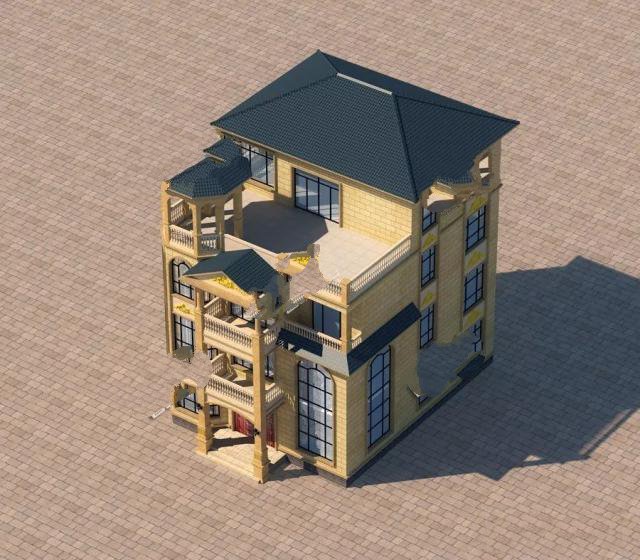 　客廳有一個(gè)空的設(shè)計(jì)和一個(gè)帶陽(yáng)臺(tái)和露臺(tái)的四層別墅。這座房子很宏偉。