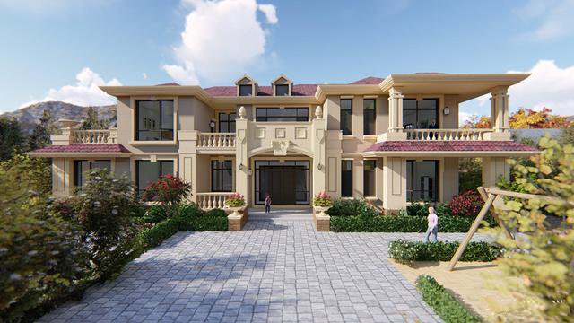 建筑屬于歐式風(fēng)格別墅，一共有三層，第一層做了一個地下室的設(shè)計，建筑整體看起來比較時尚大氣，讓人一看就感覺很豪華。