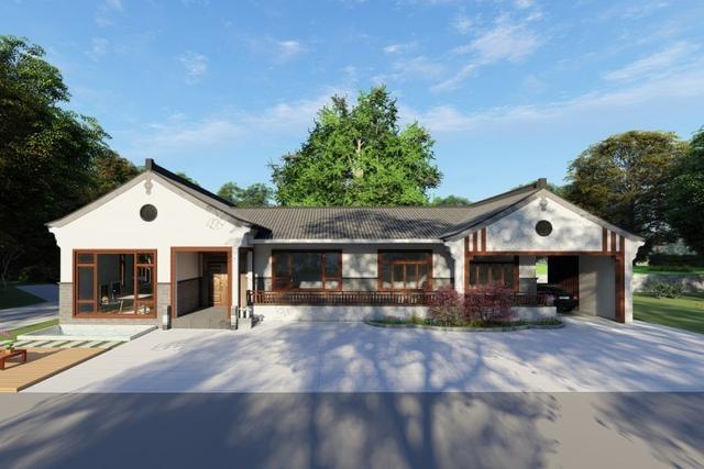 單層中式別墅。設(shè)計(jì)師選用黑、白、灰和木色，門(mén)窗采用中式元素裝飾，鏤空設(shè)計(jì)和幾何形狀結(jié)合，極大豐富了整體的層次感！