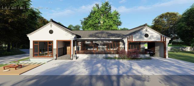 單層中式別墅。設(shè)計(jì)師選用黑、白、灰和木色，門(mén)窗采用中式元素裝飾，鏤空設(shè)計(jì)和幾何形狀結(jié)合，極大豐富了整體的層次感！