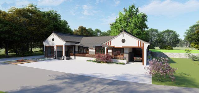 單層中式別墅。設(shè)計(jì)師選用黑、白、灰和木色，門(mén)窗采用中式元素裝飾，鏤空設(shè)計(jì)和幾何形狀結(jié)合，極大豐富了整體的層次感！