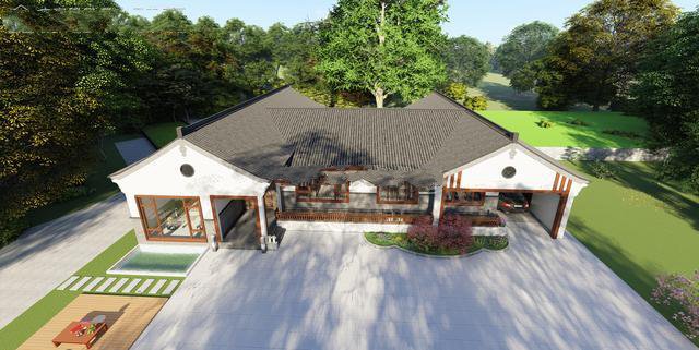 單層中式別墅。設(shè)計(jì)師選用黑、白、灰和木色，門(mén)窗采用中式元素裝飾，鏤空設(shè)計(jì)和幾何形狀結(jié)合，極大豐富了整體的層次感！