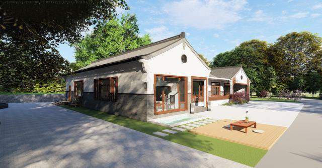 單層中式別墅。設(shè)計(jì)師選用黑、白、灰和木色，門(mén)窗采用中式元素裝飾，鏤空設(shè)計(jì)和幾何形狀結(jié)合，極大豐富了整體的層次感！