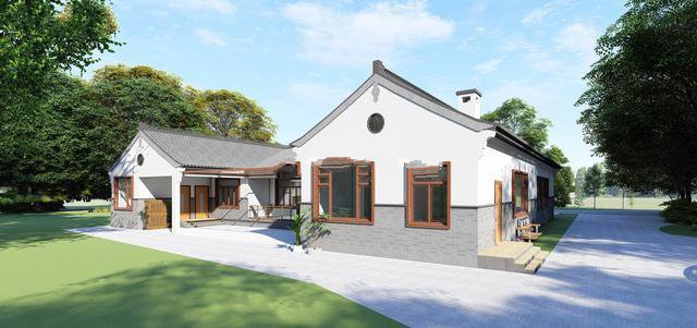 單層中式別墅。設(shè)計(jì)師選用黑、白、灰和木色，門(mén)窗采用中式元素裝飾，鏤空設(shè)計(jì)和幾何形狀結(jié)合，極大豐富了整體的層次感！