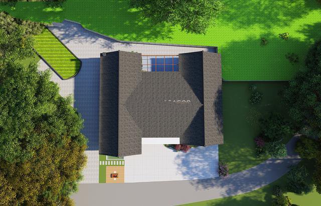 單層中式別墅。設(shè)計(jì)師選用黑、白、灰和木色，門(mén)窗采用中式元素裝飾，鏤空設(shè)計(jì)和幾何形狀結(jié)合，極大豐富了整體的層次感！