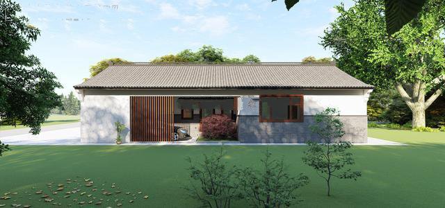 單層中式別墅。設(shè)計(jì)師選用黑、白、灰和木色，門(mén)窗采用中式元素裝飾，鏤空設(shè)計(jì)和幾何形狀結(jié)合，極大豐富了整體的層次感！