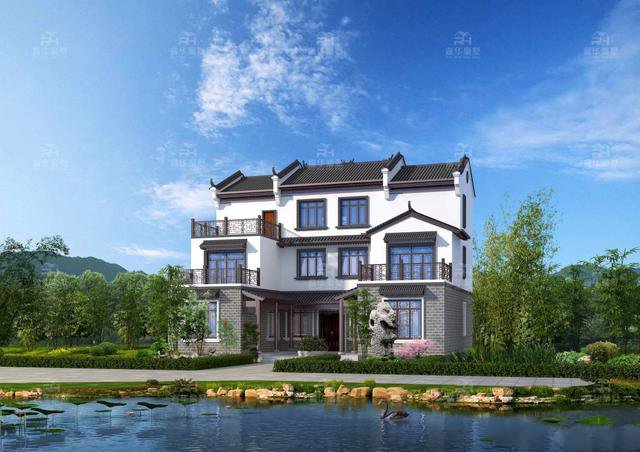 整體造型方正有序，青灰瓦鋪面屋頂古典韻味十足，搭配同色系仿石材外墻和紅棕色的窗柱門欄，處處透露著東方古典的清雅意境!