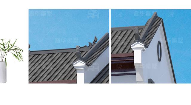 整體造型方正有序，青灰瓦鋪面屋頂古典韻味十足，搭配同色系仿石材外墻和紅棕色的窗柱門欄，處處透露著東方古典的清雅意境!
