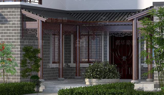 整體造型方正有序，青灰瓦鋪面屋頂古典韻味十足，搭配同色系仿石材外墻和紅棕色的窗柱門欄，處處透露著東方古典的清雅意境!