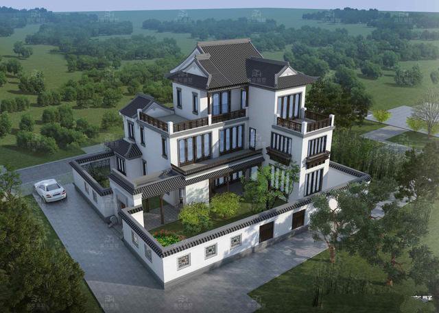 整體造型方正有序，青灰瓦鋪面屋頂古典韻味十足，搭配同色系仿石材外墻和紅棕色的窗柱門欄，處處透露著東方古典的清雅意境!