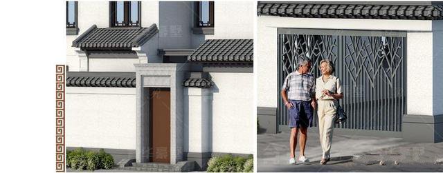 整體造型方正有序，青灰瓦鋪面屋頂古典韻味十足，搭配同色系仿石材外墻和紅棕色的窗柱門欄，處處透露著東方古典的清雅意境!