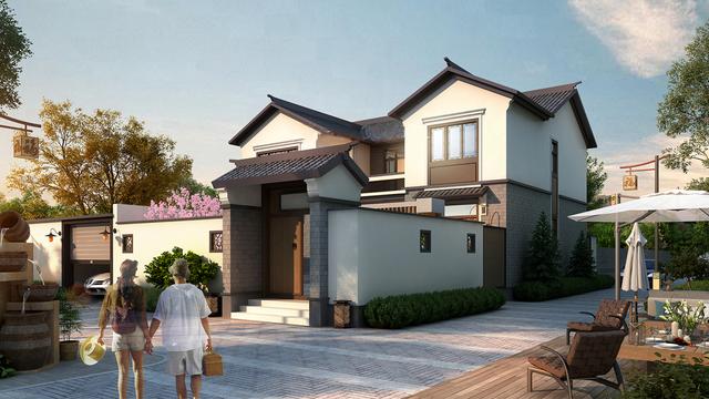 11x13兩層新中式庭院別墅，主體面積30萬平方米，非常適合農村住宅建設