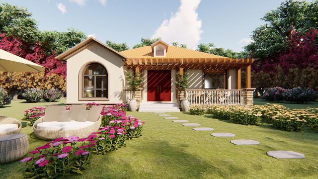 一棟溫馨的田園風(fēng)別墅，坐落在開滿鮮花的院子里，一步一步的石板路通向遠(yuǎn)方,祝你值得擁有這套別墅！