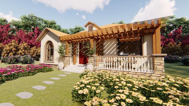 一棟溫馨的田園風(fēng)別墅，坐落在開滿鮮花的院子里，一步一步的石板路通向遠(yuǎn)方,祝你值得擁有這套別墅！