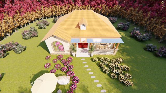 一棟溫馨的田園風(fēng)別墅，坐落在開滿鮮花的院子里，一步一步的石板路通向遠(yuǎn)方,祝你值得擁有這套別墅！