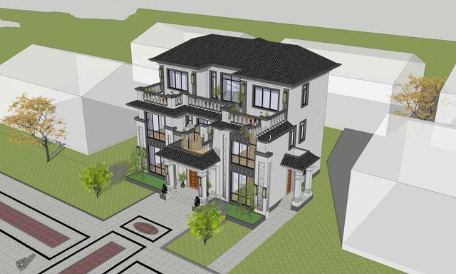 建筑為新中式風格，整體色調(diào)以簡潔的高級灰為主，與周邊環(huán)境相呼應(yīng),新中式別墅外觀更加寬敞，美麗的風景盡收眼底！