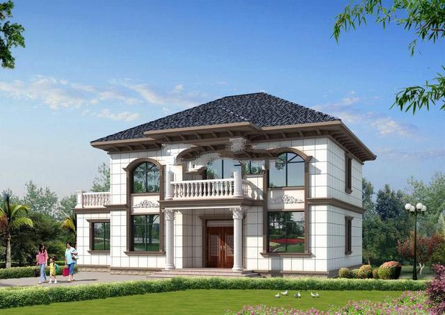 農(nóng)村二層住宅建筑的設(shè)計圖，有一個大的下拉窗口設(shè)計，當美麗的住宅在家鄉(xiāng)建成時，沒有什么可擔心的。