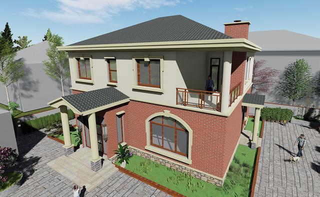 　該建筑為歐式別墅，共兩層設(shè)計(jì)，一層為橙色瓷磚，另一層為淺色真石漆，使整個(gè)建筑層次分明，線條流暢，色彩美觀時(shí)尚。