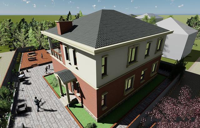 　該建筑為歐式別墅，共兩層設(shè)計(jì)，一層為橙色瓷磚，另一層為淺色真石漆，使整個(gè)建筑層次分明，線條流暢，色彩美觀時(shí)尚。