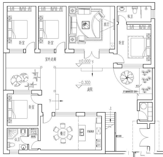 　這棟建筑是一棟新的中式別墅，共一層。整體結(jié)構(gòu)相對(duì)簡(jiǎn)單。但有一個(gè)大露臺(tái)和一個(gè)游泳池!