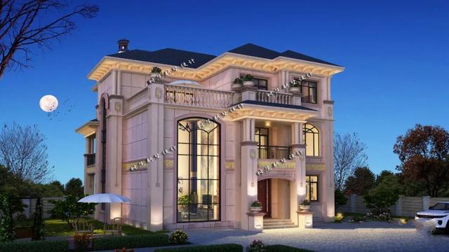 設(shè)計的主體是經(jīng)典的歐式外觀。大理石外墻與藍(lán)色坡屋頂相匹配，給人一種體面的感覺。增加幾層分散的陽臺和露臺，產(chǎn)生鋸齒狀的美感。