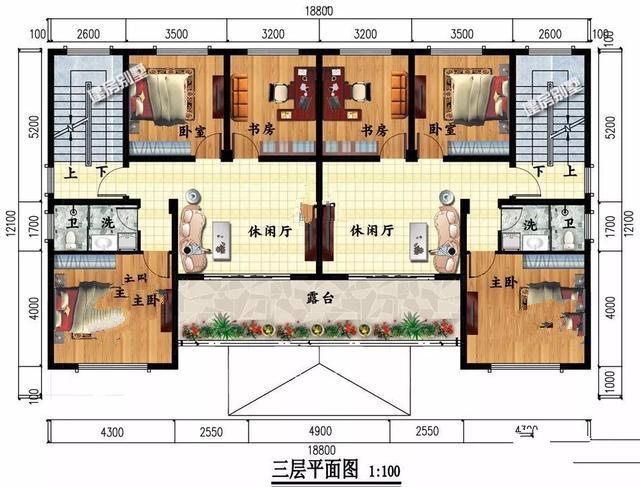 獨棟別墅設(shè)計成三層的公共房間，每個家庭有7間臥室，生活非常方便。