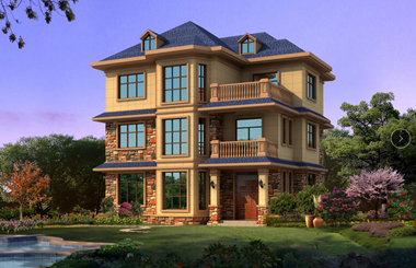 歐式田園三層別墅設(shè)計(jì)圖，挑空客廳，內(nèi)含多間臥室