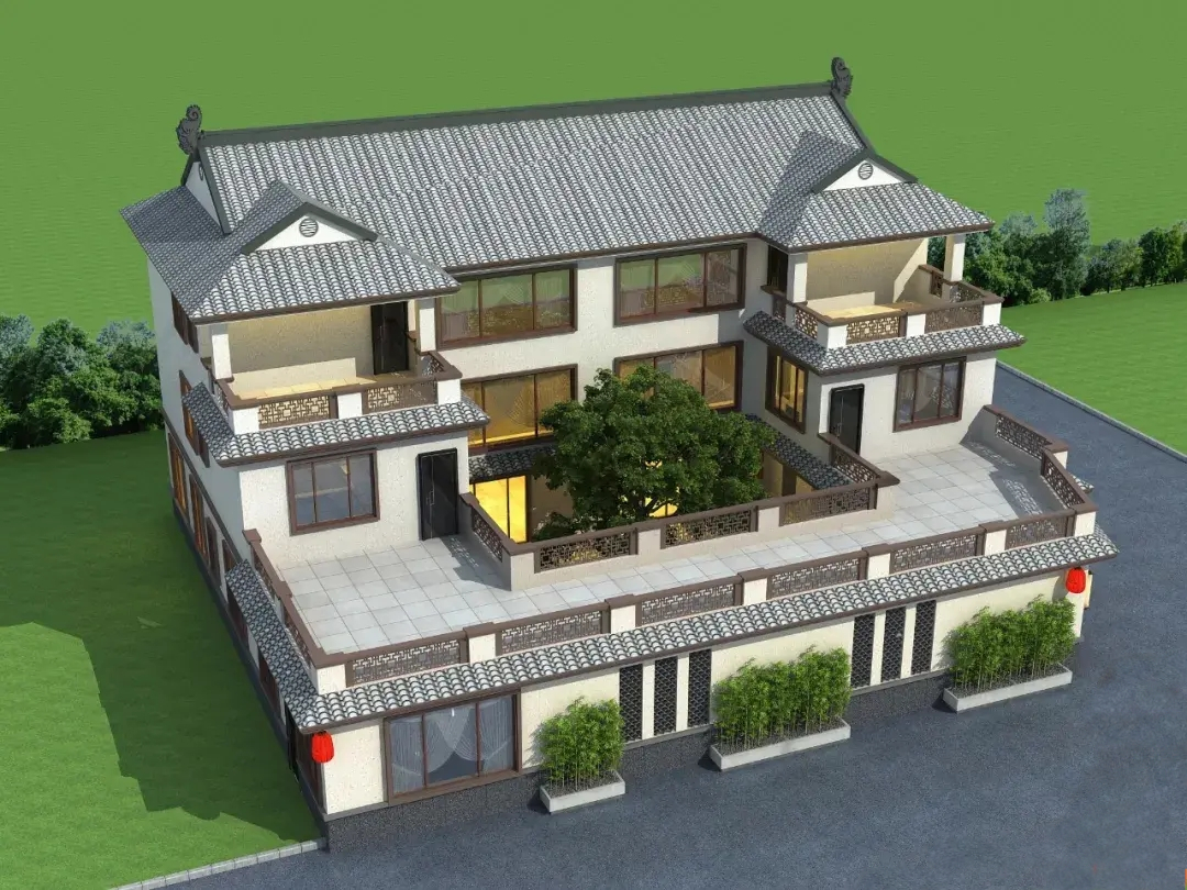 三層雙拼新中式房屋設(shè)計(jì)圖紙，農(nóng)村房屋設(shè)計(jì)效果圖紙