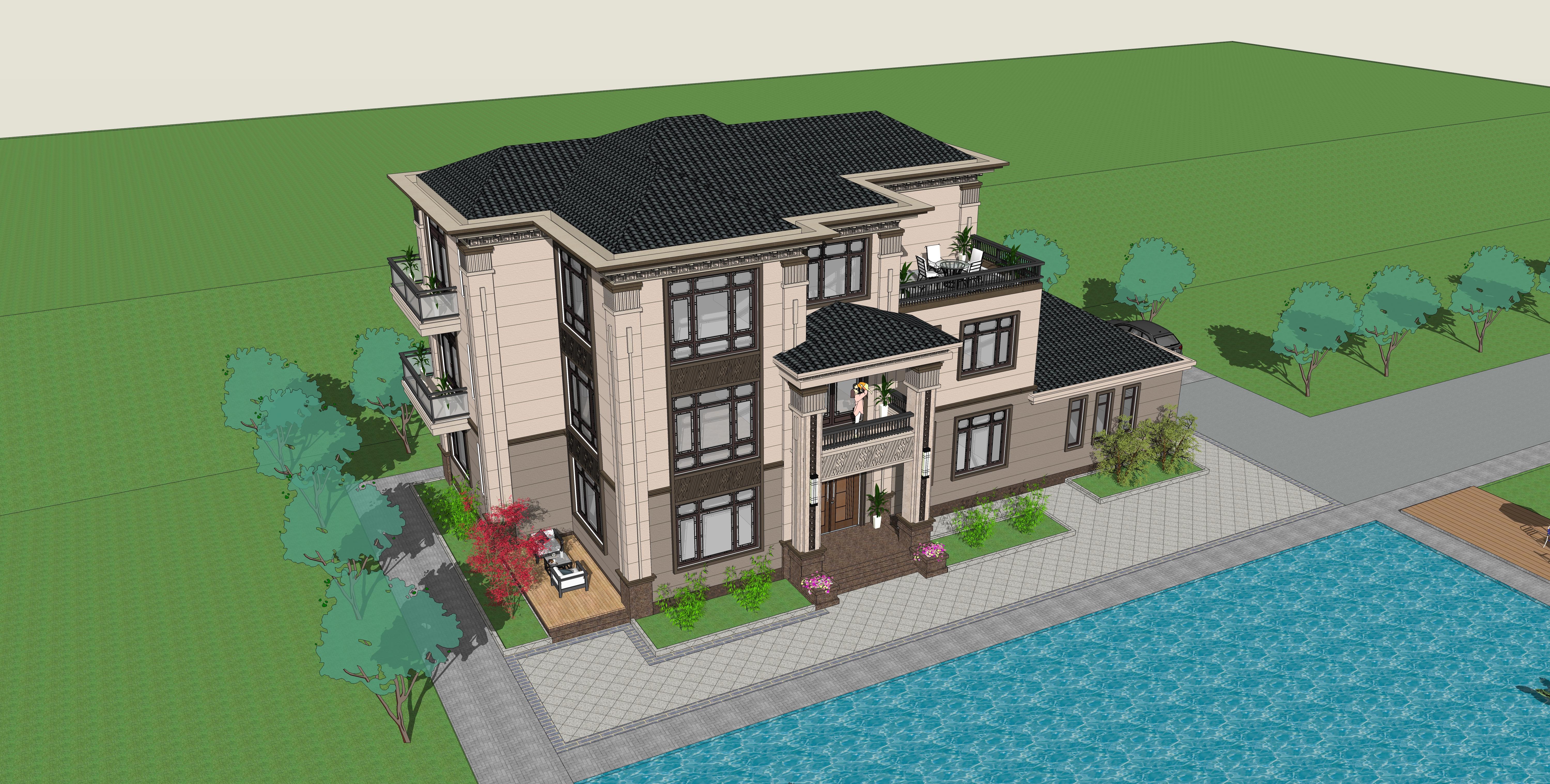 2022年全新中式三層別墅外觀設(shè)計(jì)圖，農(nóng)村自建房新中式三層別墅設(shè)計(jì)圖