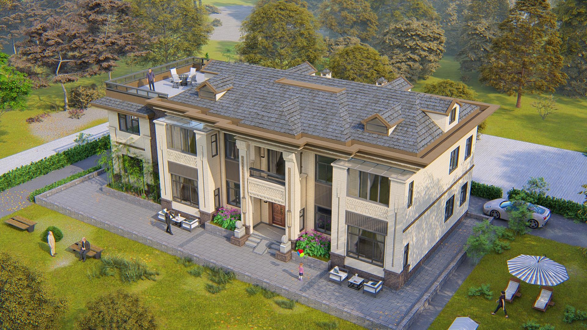 新中式鄉(xiāng)村二層別墅，鄉(xiāng)村二層效果圖以及平面圖