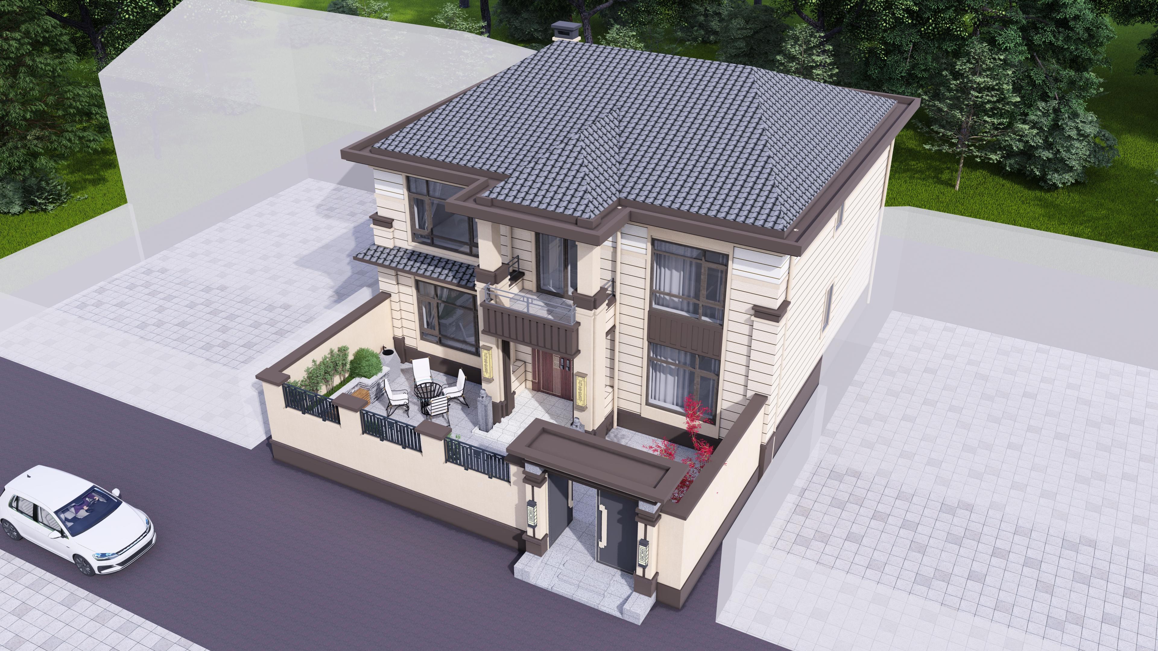 新中式二層房屋設(shè)計(jì)圖，兩層鄉(xiāng)村自建房屋小別墅設(shè)計(jì)（帶庭院）